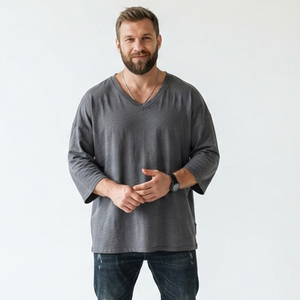 T-shirt tricoté oversize pour homme à col en V, manches courtes, style décontracté, grande taille, épaules tombantes, style streetwear ample - Product Image 5