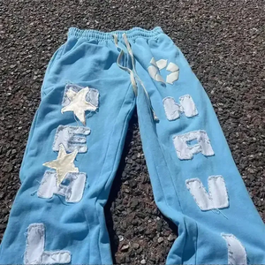 Men's Light Blue Flare Pants <b>Elastic</b> Waist Drawstring Applique Letter Star Decoration Casual Knitted Sweatpants - Product Image 3