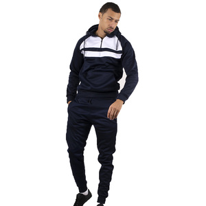 Ensemble de survêtement bleu marine à capuche pour homme, manches longues, style sportif décontracté avec blocs de couleur, poches latérales, fermeture éclair, respirant - Product Image 1