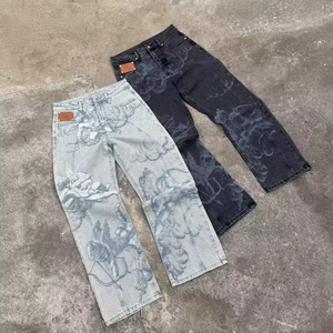 Jean baggy vintage coupe droite noir et blanc délavé à l'acide pour homme, motif ange imprimé surdimensionné, denim hip-hop hiver - Product Image 3