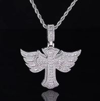 Pendentif Croix Entièrement Sertie de Diamants Effet Glacé Or Argent Micro Pavé Baguette Ailes d'Ange pour Hommes et Femmes Hip Hop