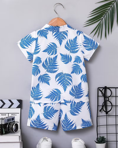 Boys Polyester/Cotton Printed Short Sleeve Shirt and Shorts Set Casual Summer Outfit Blue Leaf Pattern Woven Fabric - Product Image 2