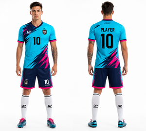 ชุดเสื้อฟุตบอลและกางเกงขาสั้นสีชมพูเทอร์ควอยซ์แบบซับลิเมชั่น ระบายอากาศได้ดี ผลิตจากโพลีเอสเตอร์ ชุดยูนิฟอร์มทีมฟุตบอล ชุดกีฬา - Product Image 3