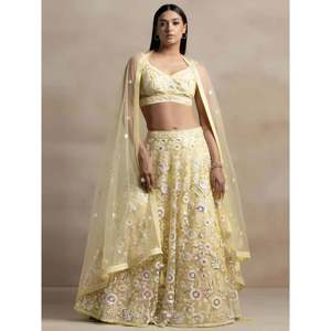 Women's Yellow <b>Sequin</b> Net Party Wear Lehenga Choli Set with Dupatta - Product Image 1