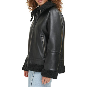 Chaqueta Bomber de Piel Genuina Negra para Mujer, Forrada con Sherpa, Gruesa y Ligera, con Cierre y Ribete de Piel para Invierno - Product Image 1