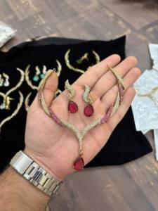 Premium Gold Finish Nano Setting <b>Ruby</b> <b>Necklace</b> Set | Sleek Pink Stone Designer Jewellery with Earrings - Product Image 1