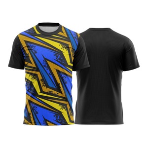 Maillot de football sublimé pour homme, imprimé géométrique bleu jaune noir, anti-humidité, coupe athlétique, manches courtes, toutes saisons - Product Image 1