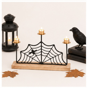 Spider Web Metal Candelabra with Natural Wood Base 3-Arm <b>Candle</b> <b>Holder</b> for Halloween Tabletop Decoration & Home Decor - Product Image 4