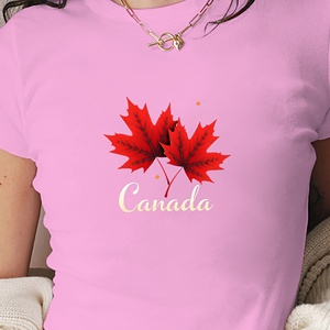 Camiseta de manga corta de punto ajustada Y2K para mujer con hojas de arce rojo de Canadá - Product Image 3