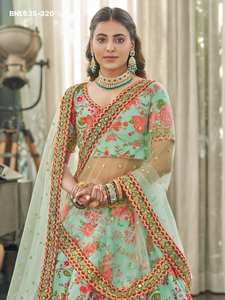 Wedding Wear Beautiful Art <b>Silk</b> with Floral Print-Embroidery with Diamond work Mint <b>Green</b> Lehenga-Choli & Dupatta Woman Fashion - Product Image 4