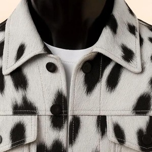 Men's Real Cowhide Leather Canvas <b>Jacket</b> Hair Hide Stand Collar Black Grey Speckled Print <b>Western</b> Trucker Coat Vintage Outerwear - Product Image 4