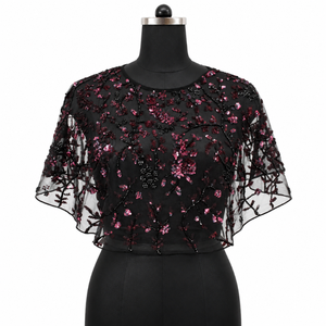 Chemisier élégant noir à sequins floraux, manches cape transparentes, col rond, brodé, haut de soirée |   Haut de gamme pour femmes, idéal pour les occasions formelles et les soirées - Product Image 1