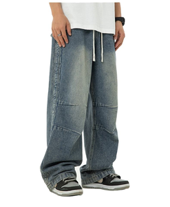 Pantalon en jean vintage délavé pour homme, style crayon, effet moustaches, tendance - Product Image 1
