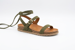 Sandales plates Dlords en daim vert olive à bride cheville, fermeture à boucle, bout carré, décontractées, respirantes, toutes saisons, espadrilles en liège - Product Image 3