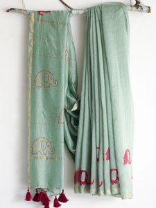 Sari Tradicional Indio de Seda con Estampado de Elefantes en Relieve, para Mujer Moderna, Uso Casual en Bodas, para Todas las Temporadas, Largo hasta el Suelo, Corte Regular - Product Image 4