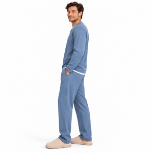 <b>Men</b> Winter Knitted <b>Long</b> <b>Sleeve</b> <b>Henley</b> Pajama Set Casual Blue Sleepwear Cotton Blend Button Collar Loungewear Indoor Homewear - Product Image 3
