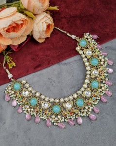 Round Uncut Stone Kundan Necklace With Matching Earring And Mangtika Designer Fashion Antique Gold Plated <b>Jewellery</b> Manufacturer - Product Image 2