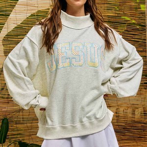 Mock Neck Custom Unisex Cotton Fleece Jesus Neck Crew Neck <b>Sweatshirt</b> <b>Embroidery</b> Chenille Letter Sorority Greek Apparel Ladies - Product Image 2