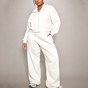 Women Plus Size <b>White</b> <b>Tracksuit</b> Set Full Sleeve Hooded Zipper Loose Fit Casual Autumn Wear With Side Pockets - Product Image 1