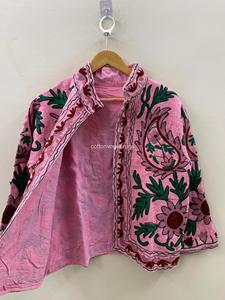 Veste décontractée pour femme grande taille, style bohème, col mandarin brodé floral rose, manches trois quarts, printemps - Product Image 2
