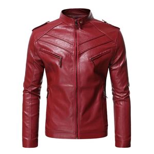 Blouson moto homme en cuir PU rouge, col montant, fermeture éclair, coupe ajustée, manches classiques, couleur unie, style motard, pour l'automne, tendance - Product Image 1