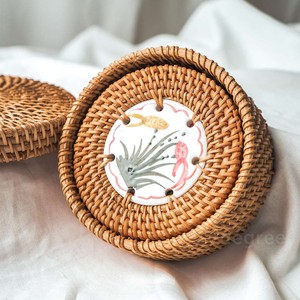 Catering Accessories Rattan Ceramic <b>Coasters</b> Natural Dinning <b>coaster</b> <b>Set</b> and Holder Box with Custom Printed logo - Product Image 4