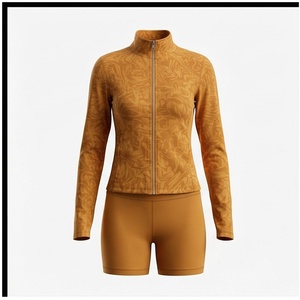 Ensemble de yoga 2 pièces pour femme, marron caramel, veste à manches longues zippée à col montant imprimé et short - Product Image 1