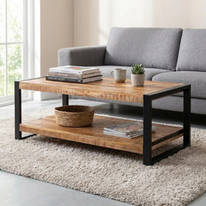 <b>Modern</b> Industrial Metal & Wooden Solid Mango Wood With Self <b>Black</b> & Natural Finish Folding Living Room Furniture <b>Coffee</b> <b>Table</b> - Product Image 2