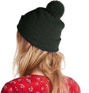 Black Knitted <b>Beanie</b> Hat <b>With</b> <b>Pom</b> <b>Pom</b> Unisex Winter Cap Solid Color Hand Made Warm Casual Headwear Adult Size 56-58CM - Product Image 2