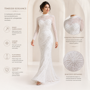 Robe de cocktail sirène blanche de luxe à col haut |   Robe longue sans manches à paillettes et perles avec traîne |   Taille naturelle élégante - Product Image 2