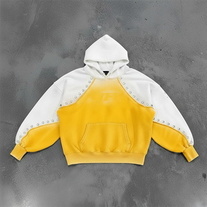 เสื้อฮู้ดดี้ปักคริสตัลสั่งทำพิเศษจากโรงงาน ทรงโอเวอร์ไซส์ ยูนิเซ็กส์ ผ้าฝ้าย 100% ทรงหลวม สั้น ทรงบ็อกซี่ ล้างสีแบบแอซิด บล็อกสี พัฟฟ์ - Product Image 1