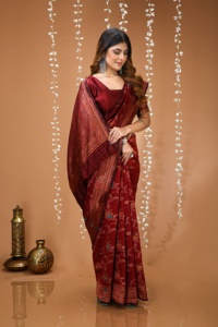 Women Traditional <b>Red</b> Silk <b>Saree</b> Embroidered Design Sun Protection All Seasons Wedding Occasion India Pakistan Style Floor - Product Image 2
