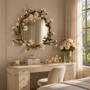 Luxury Floral Metal <b>Wall</b> <b>Mirror</b> with White Rose Accents Vintage Decorative | Round <b>Mirror</b> Elegant Handmade Home Decor Art Piece - Product Image 5