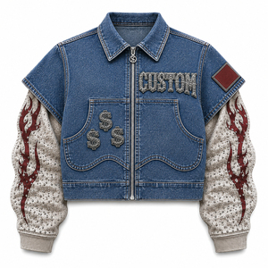 Chaqueta vaquera corta Y2K para mujer con mangas de diamantes de imitación y diseño de llamas, patchwork, cremallera frontal, estilo vintage, ropa de calle, moda personalizada, prenda exterior - Product Image 1