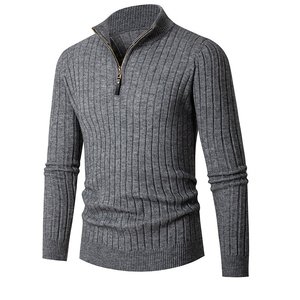 Pull en tricot côtelé gris pour homme avec fermeture à 1/4 de zip, manches longues, couleur unie, vêtement d'automne - Product Image 1