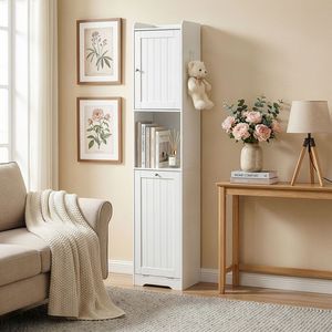 Mobiletto da Bagno in Truciolato Melaminico Bianco con Venatura Verticale 40*40*180cm, 1 Anta + Cassetto Inferiore a Ribalta per Mobili da Bagno Non Tessuti - Product Image 5