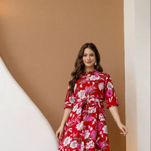 Vestido Midi de Algodón con Estampado Floral para Mujer, Estilo Camisero con Botones, Vestido con Estampado de Flores, Vestido Midi Evase - Product Image 1