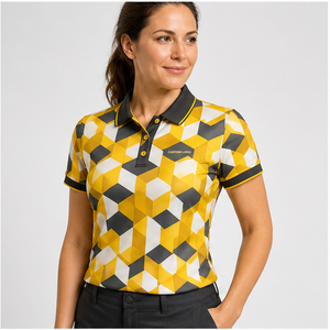Polo Personalizado para Mujer con Estampado de Cubos Amarillos, Blancos y Grises, de Secado Rápido, Transpirable, Manga Corta, Uniforme para Equipo de Golf WPS-0766 - Product Image 3