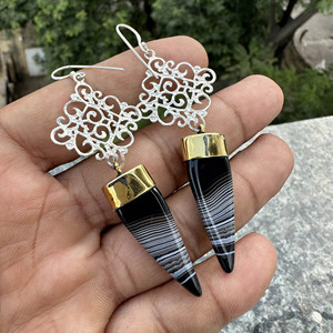 Wholesale Handcrafted 925 Sterling Silver <b>Black</b> Botswana Agate <b>Dangle</b> <b>Earrings</b> Two Tone Mixed Metal Spike Drop <b>Earrings</b> - Product Image 1