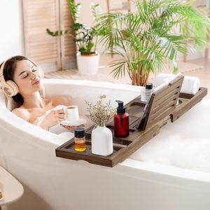 Wooden Bathtub Caddy Tray Expanding Bath Board Organizer Wine Glass <b>Tablet</b> <b>Holder</b> For Luxury Spa Bathroom Decor Wholesale - Product Image 3