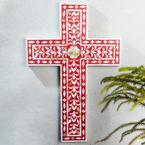 Croix murale catholique MOP rouge pour la décoration de la maison meilleur prix croix chrétiennes avec incrustation de nacre - Product Image 1