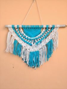 Bohemian Cotton Macrame Wall <b>Hanging</b> Abstract Geometric Design Turquoise <b>White</b> Triangle Home Decor Living Room Art - Product Image 1