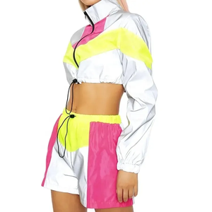 Ensemble de shorts sportifs blancs pour femmes, 2 pièces, jaune fluo, rose, haut à manches longues, en spandex/coton, hiver - Product Image 6
