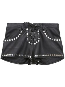 High Waist <b>Black</b> studded <b>Leather</b> <b>Shorts</b> With Rivet Details Lace-Up Front Moto Biker Style Women's <b>Shorts</b> - Product Image 4