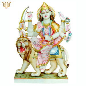 Marble Durga Maa Statue on Lion | Handcrafted Durga Mata Murti with Pink Saree and Golden Crown by MALIYAS Jaipur - Product Image 2