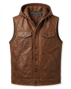 Chaleco de Cuero Marrón para Hombre, con Capucha, Estilo Casual Urbano, Corte Ajustado, Cierre de Botones, Sin Mangas - Product Image 4