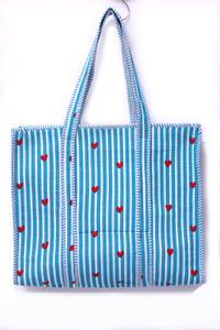 Blue Striped Heart <b>Quilted</b> Handmade Cotton <b>Tote</b> <b>Bag</b> with Zipper Closure Chains Cute Heart Print Lightweight Travel Shopping <b>Bag</b> - Product Image 2