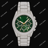 Montre chronographe de luxe à cadran vert glacé et diamants, montre-bracelet entièrement pavée, accessoire de joaillerie haut de gamme