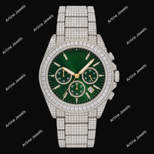 Reloj Cronógrafo con Esfera Verde y Diamantes, Reloj de Lujo con Incrustaciones de Diamantes, Reloj de Pulsera Completamente Incrustado, Accesorio de Joyería Premium - Product Image 3