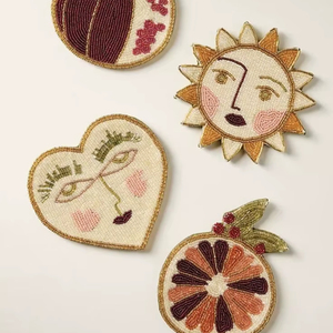 Creative Art <b>Beaded</b> Durable Round <b>Coaster</b> Set Modern Abstract Face Fruit Design Handmade Table Decor Unique Style - Product Image 1